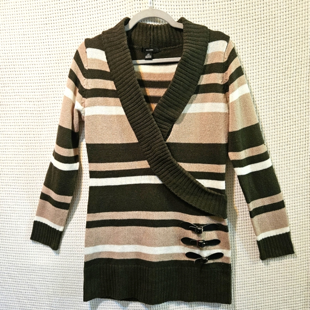 Majora Sz Lg Neutral Knit Striped V-Neck  Sweater
